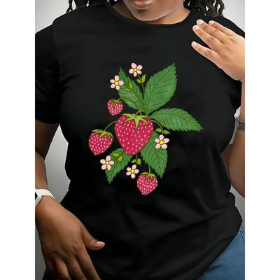 T-shirt da Donna Nera con Stampa Fragole e Fiori Girocollo Manica Corta Top Casual Estivo