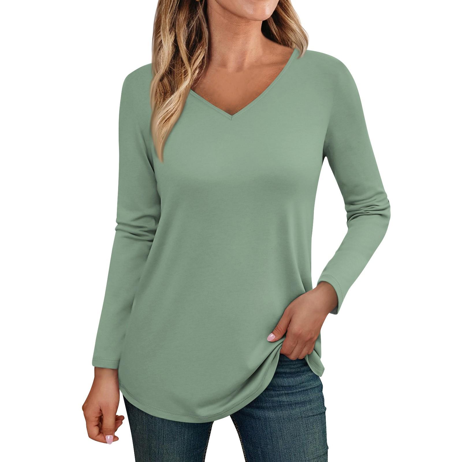 

Женские топы с длинными рукавами, рубашки с v-образным вырезом, повседневные базовые модные футболки, блузки, осенние наряды-туники, облегающие футболки L зелёный