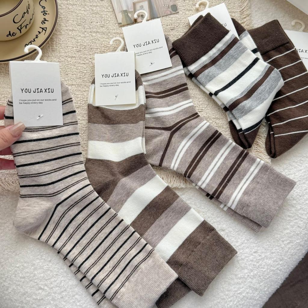 Coffee Striped Socks, Children'S Atmosphere, Wearing Cotton Socks, Versatile Socks, Trendy With Birkenstocks