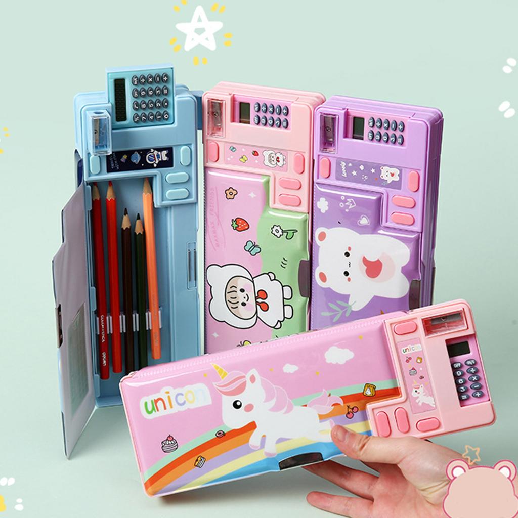 Multifunktionales Mäppchen mit Taschenrechner und Anspitzer, Cartoon-Stiftbox, Mäppchen mit großer Kapazität für Schülerkinder