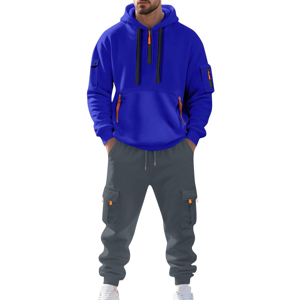 Pánský jednobarevný ležérní oblek Volná sportovní mikina s kapucí s kapsami Kombinéza s více kapsami