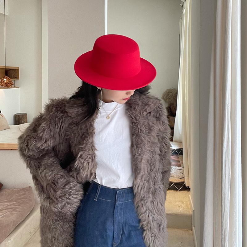 Flat top woolen hat women autumn and winter French retro casual wide brim Internet celebrity new British celebrity top hat