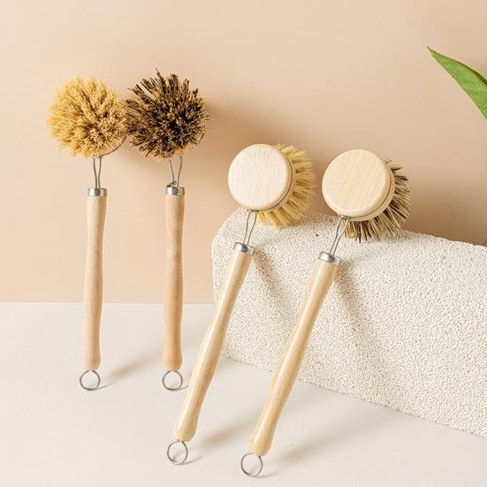 Bamboo Dish Brush Long Handle Medium-Hard Bristles Ergonomic Natural Dish Scrubber with 2 Replacement