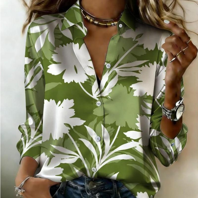 Women Satin Solid Base White Floral Silhouette Print Shirt Long Sleeve Lapel Button‑Down Blouse Elegant Minimalist Office Casual Ladies Top