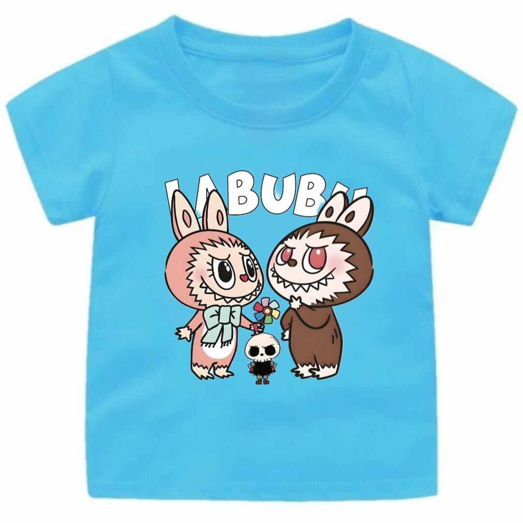 2025 Popular Children's T-shirt LABUBU Printed Cartoon Style Round Neck Short Sleeved Cute and Versatile Girl's Top