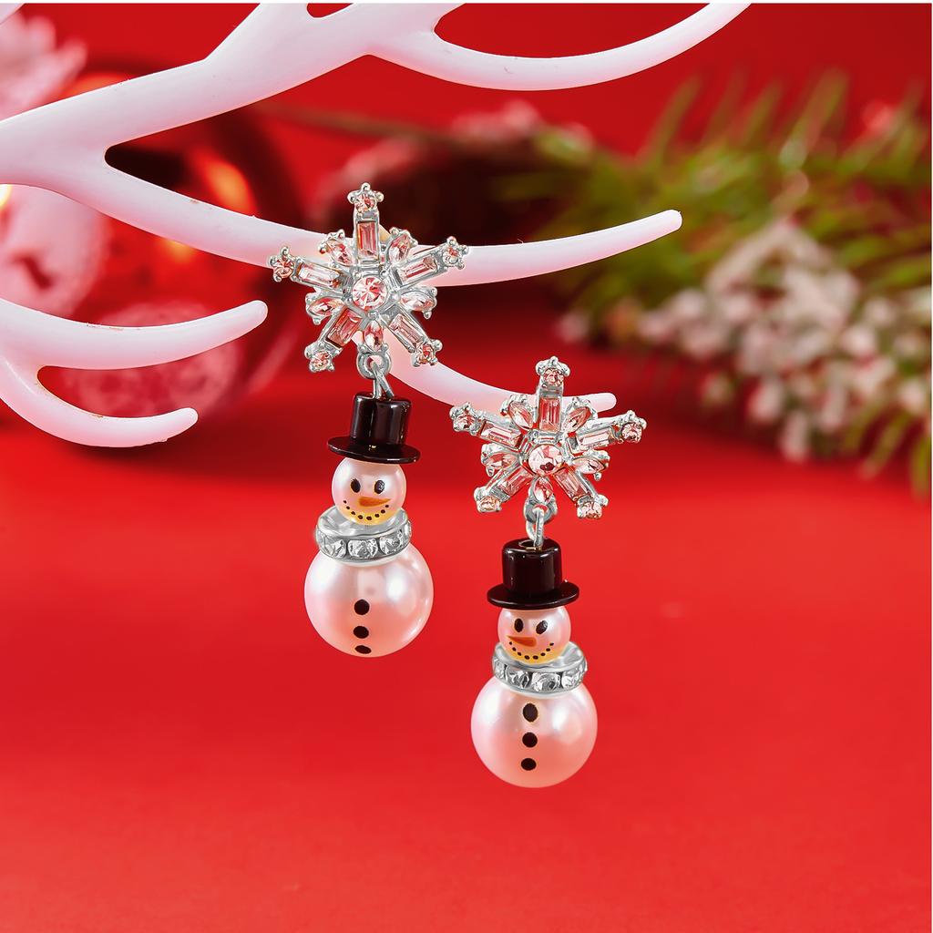 Fashion Christmas Snowman Pearl Drop Earrings For Women Exquisite Zircon Crystal Snowflake Earring Holiday Jewelry New Year Gift