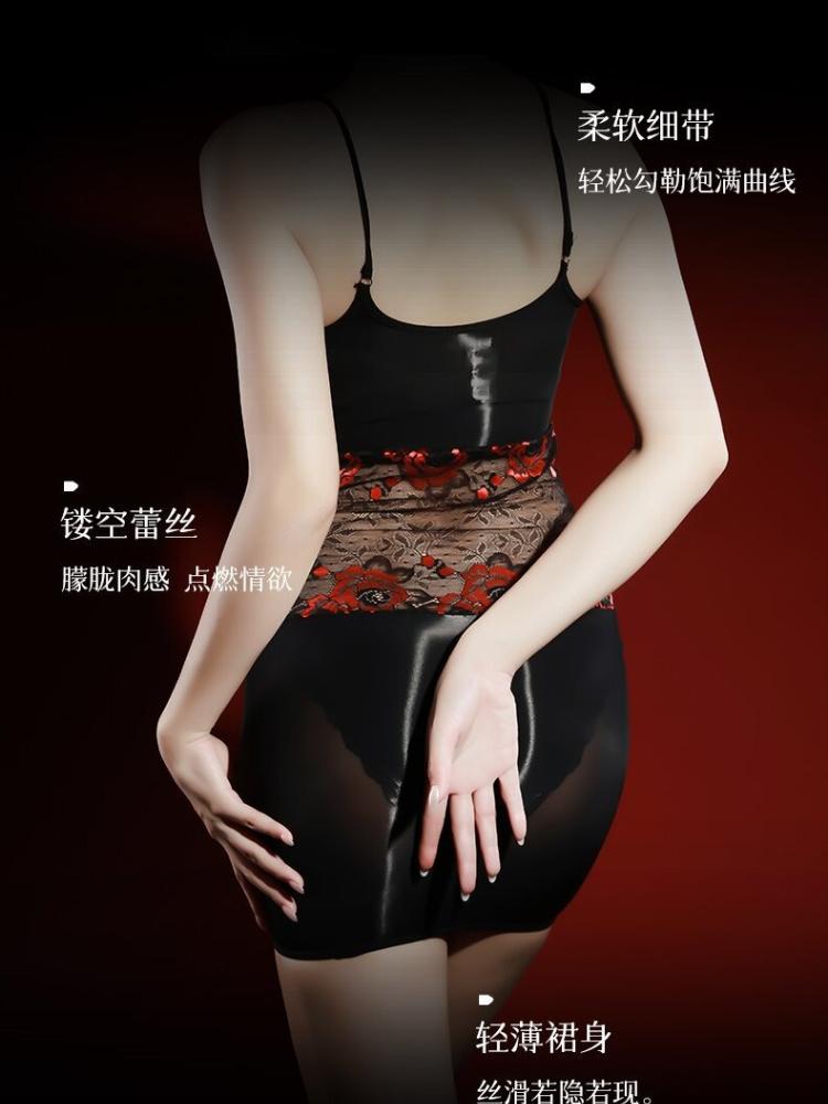 Oil Glossy Shiny Sheer Sling Dress Sexy Women Lace Waist Suspender Bodycon Micro Mini Dress See Through Lingerie Bodystocking