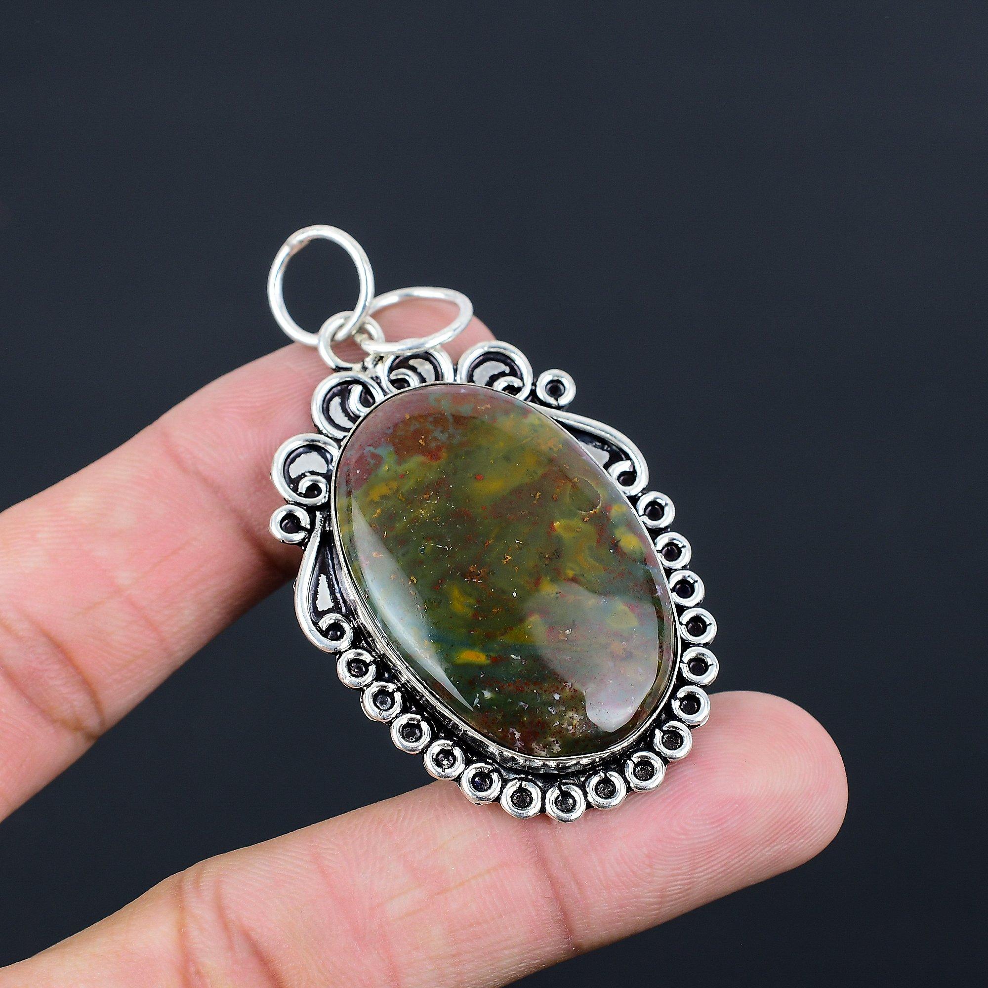 925 Sterling Silver Oval Natural Bloodstone Artisan Bezel Wife Wedding Pendant