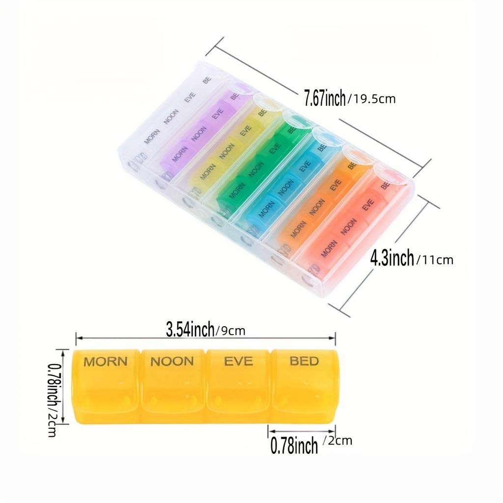 Weekly Rainbow Pill Box 28 Grids 4 Times A Day Portable Pill Organizer Spring Assisted Easy to Open for Vitamins and Supplements