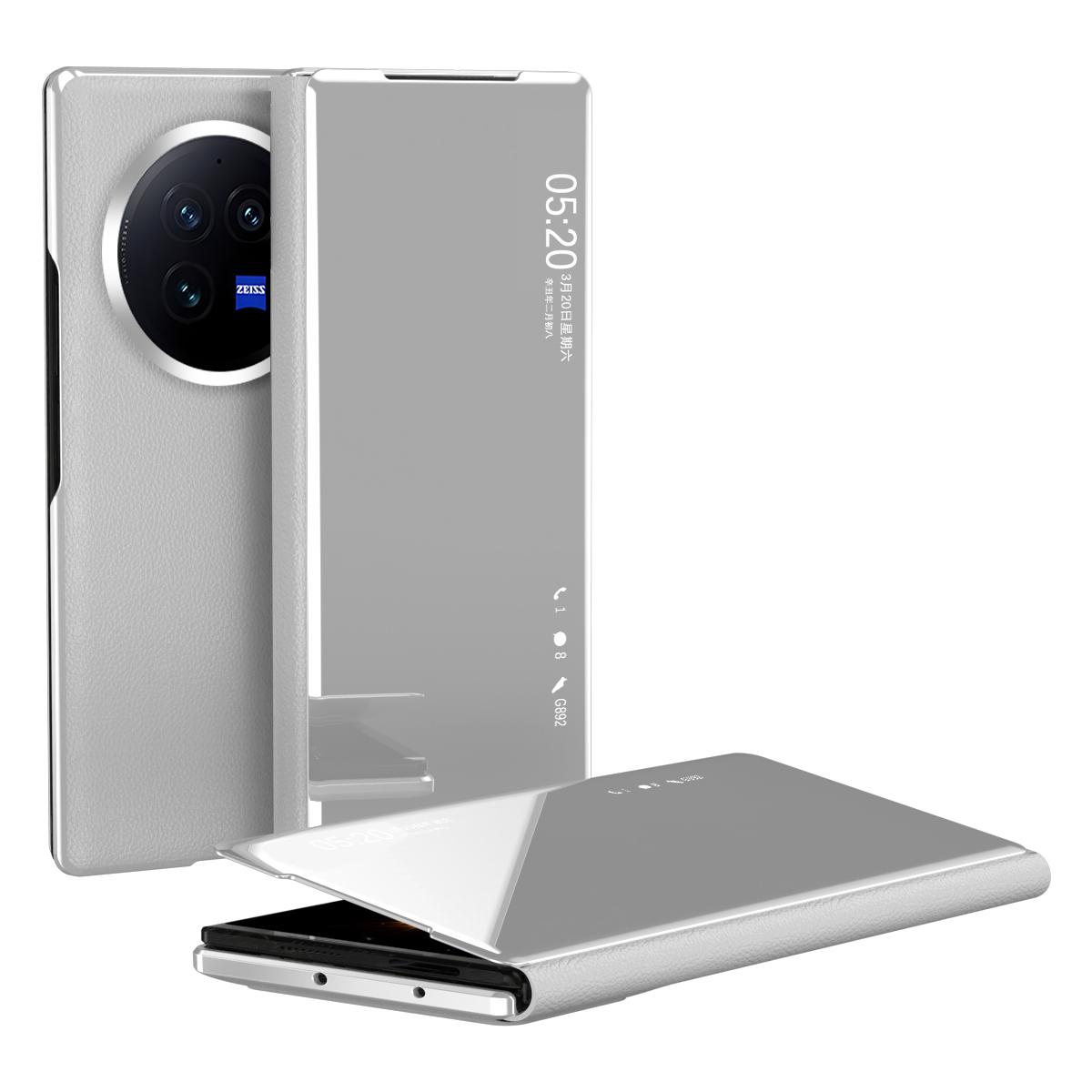 

For vivo X Fold3 Leather Case Mirror Surface Electroplating Phone Cover with View Window Silver