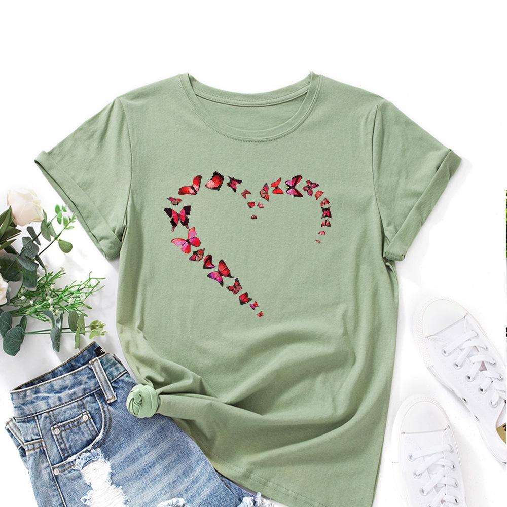 Heart Butterfly Cotton T-Shirt Short Sleeve Round Neck Women 2d Print Tops
