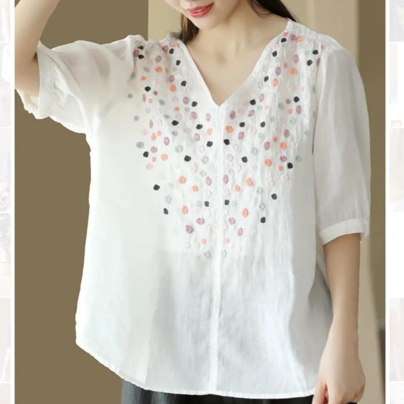 Yellow V Neck Half Sleeve Polka Dot Embroidered Linen Blouse for Women