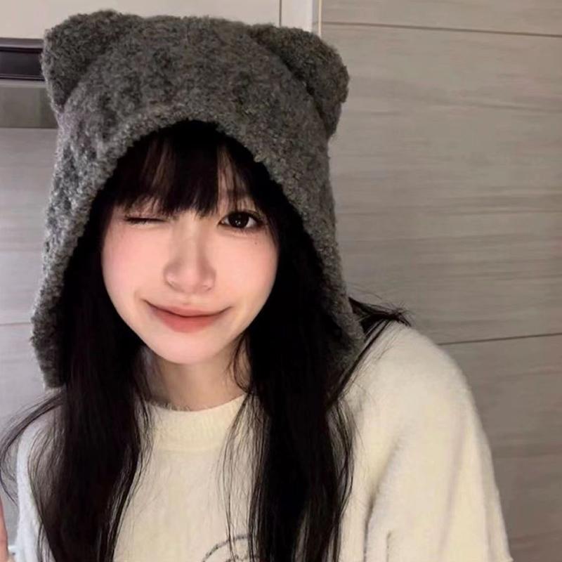 Cute Bear Ear Wool Hat Winter Beanies Warm Lace-up Ear Protection Knitted Bomber Cap Bonnets Knitting Korea Women Warm