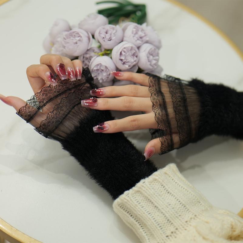 Lace Cute Girl Winter Detachable Warm Sleeves Sweet Sweater Decorative Knitted Fingerless Gloves Ruffled Universal Fake Cuff
