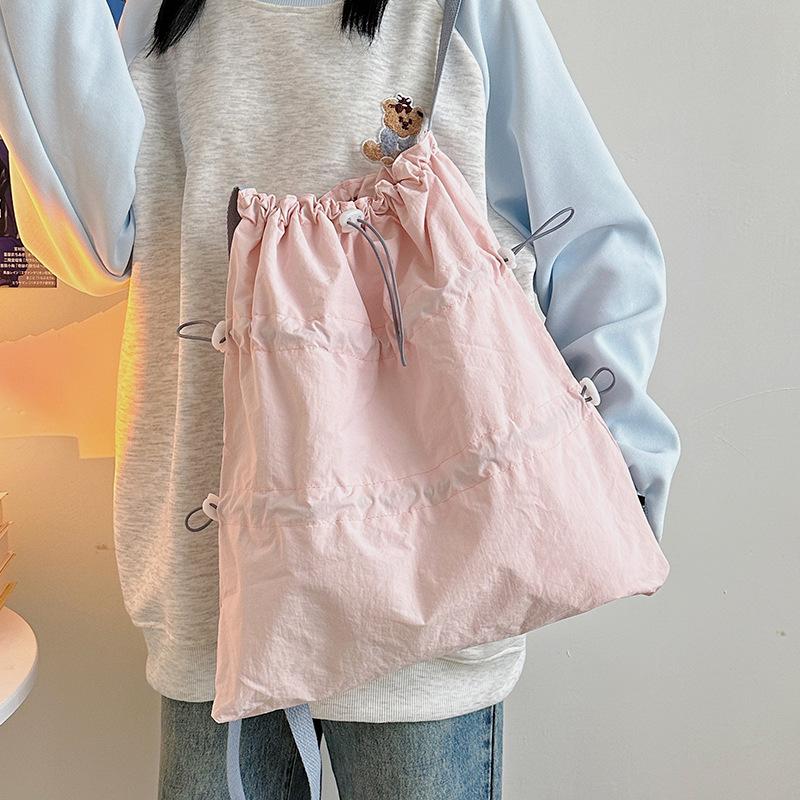 New White Drawstring Backpack for Women Korean Lazy Style Backpack Lightweight Nylon Travel Backpack