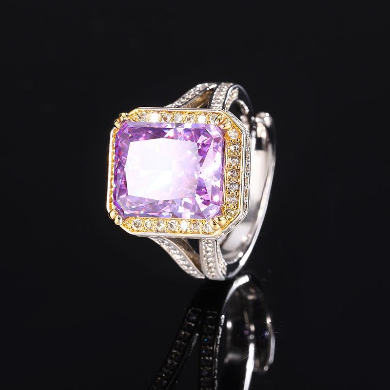 Jewelry Copper Bottom Gold-Plated Ice Flower Cut High Carbon Diamond Square Temperament Ring Women 10 * 12