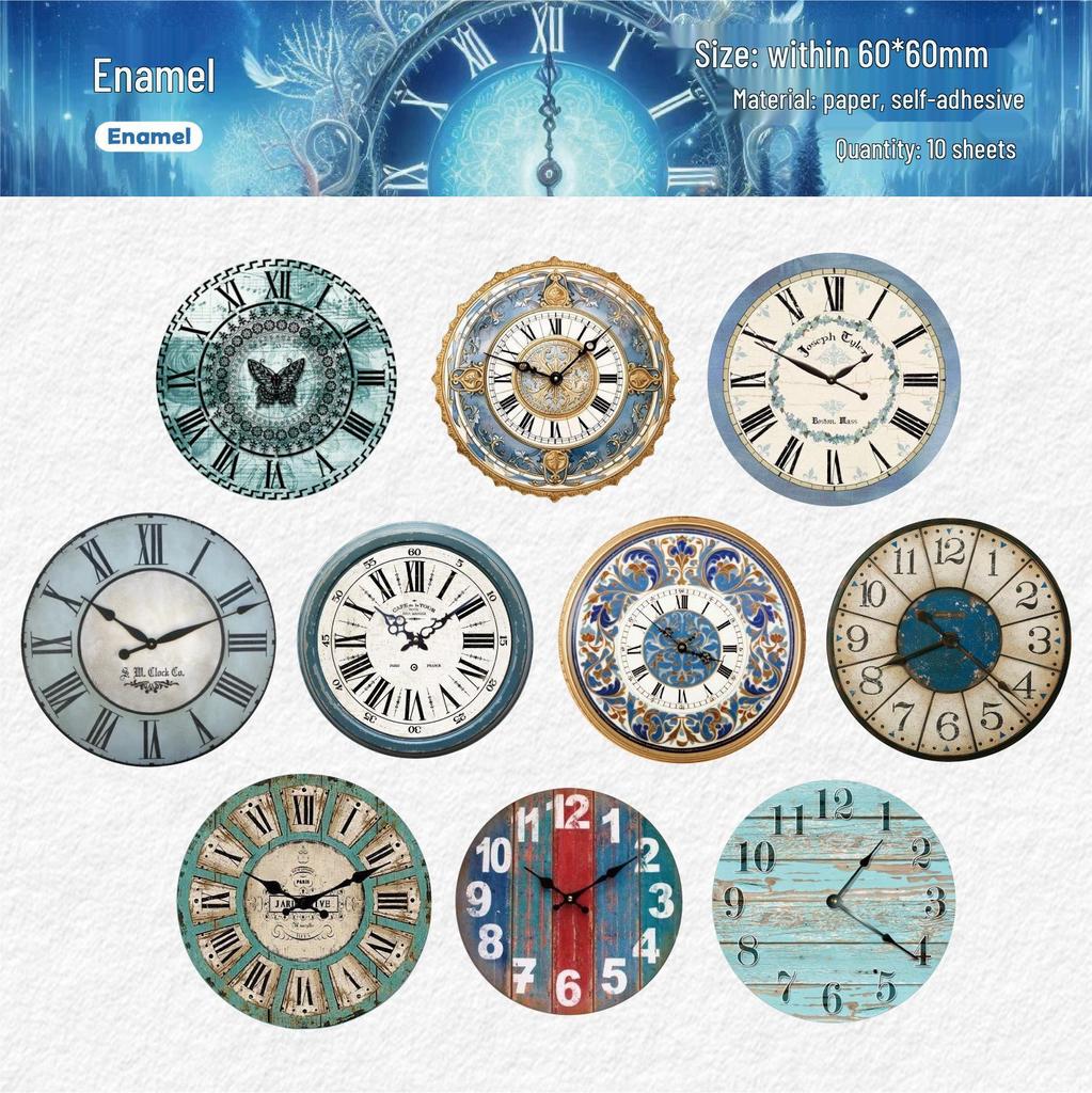 Retro Wall Clock & Journal Sticker Pack: 10 Sheets of Creative Vintage Time Scale Designs