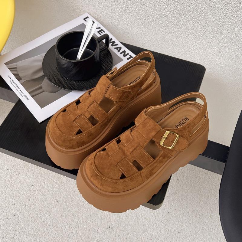 Leather woven bag head sandals for women's summer new thick soles increase 7CM one-word buckle for women