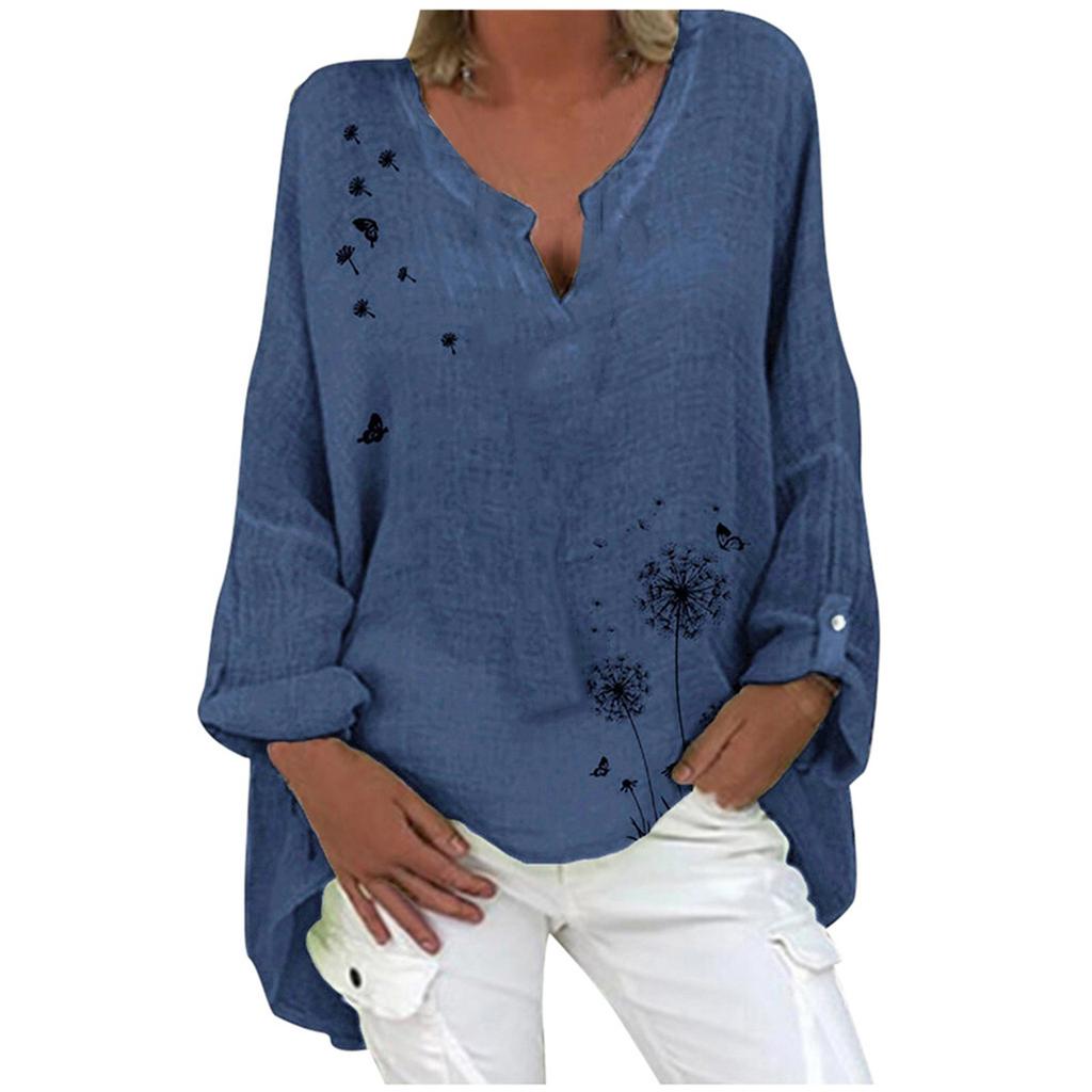 Plus Size Women Casual Long Sleeve Floral Print Loose V-neck Shirt Blouse Top
