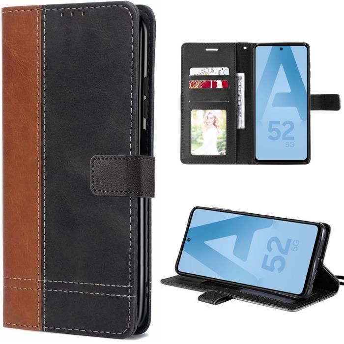 Coque pour samsung galaxy a52s a52 4g-5g flip case effet cuir noir-marron