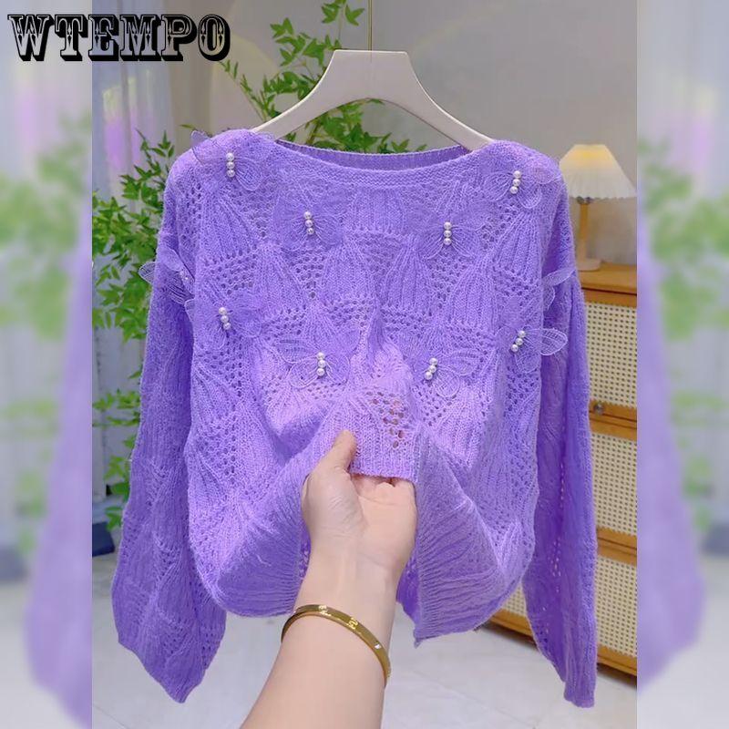 Spring/Summer Women's Hollow Knitted Sweater Thin Loose Design V-neck Knitted Top