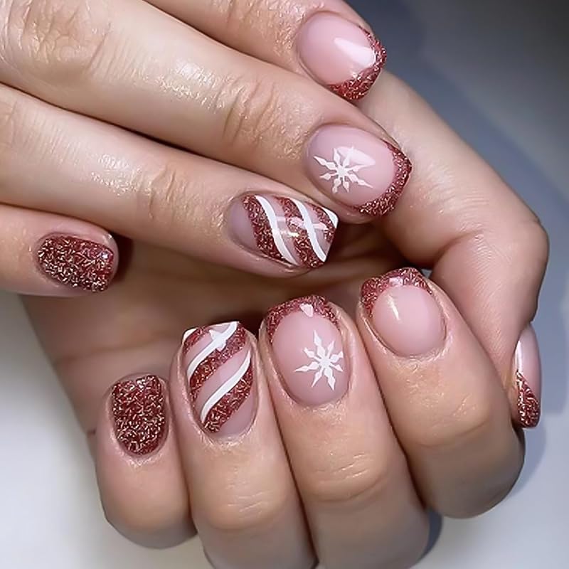 24Pcs Christmas Press on Nails Square French Tip Fake Nails Silver Glitter Nail Design Full Cover False Nails Snowflake Glue on Nails Cute Acrylic