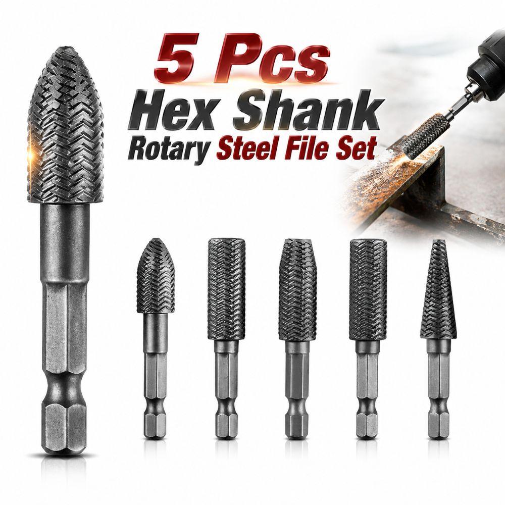 5 Pcs Heat-resistant Hex Shank Rotary Steel File Set Grinding Head For Drilling, Grinding Etc
