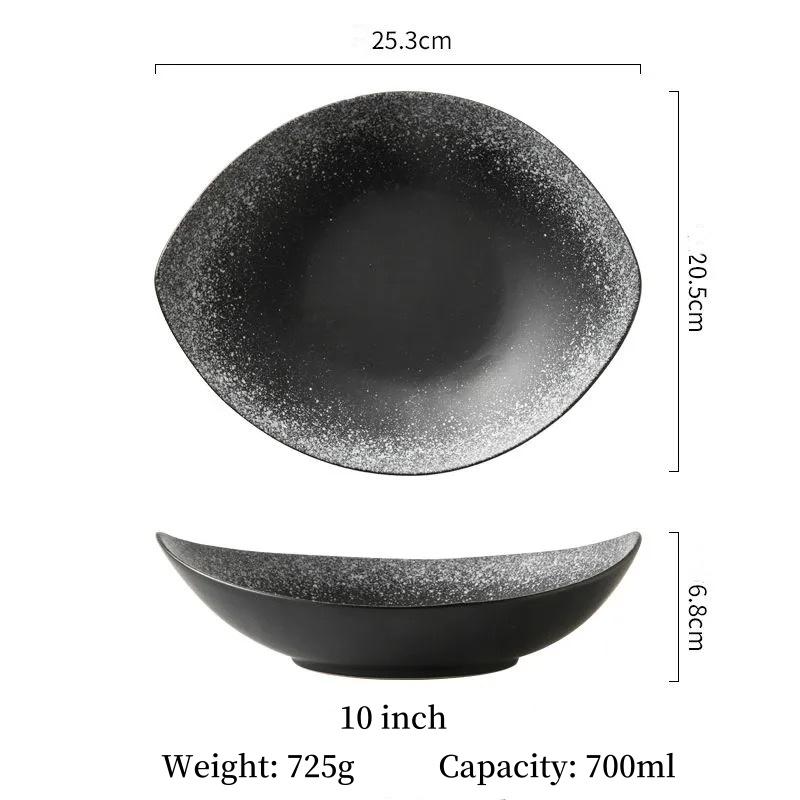 10 inch Dark Black Ink Ellipse Dinner Plate Under-Glazed Ceramic Dinner Dishes Dessert Tray Soup Plate Dinnerware Microwave Safe