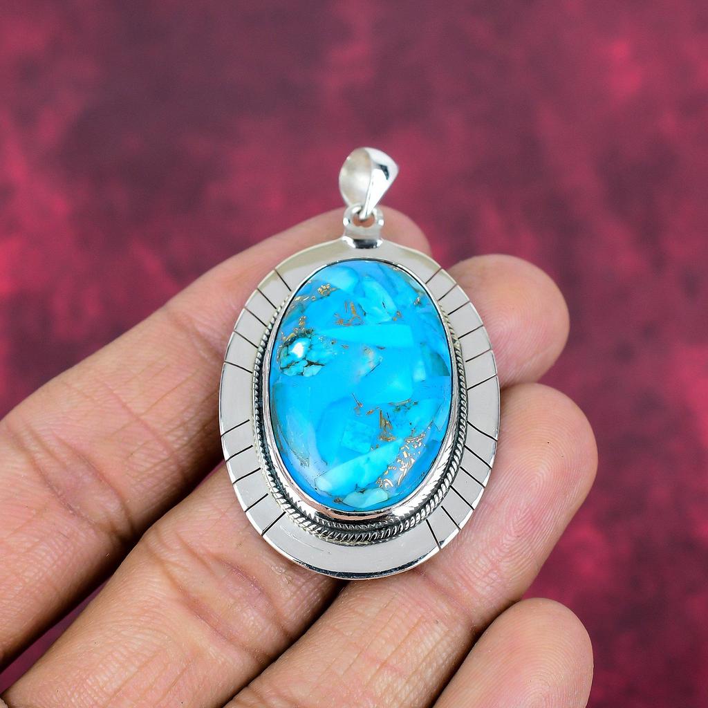 Blue Copper Turquoise Gemstone Pendant Handmade Jewelry, Brand New 925 Sterling Silver Jewelry Gift For Wife