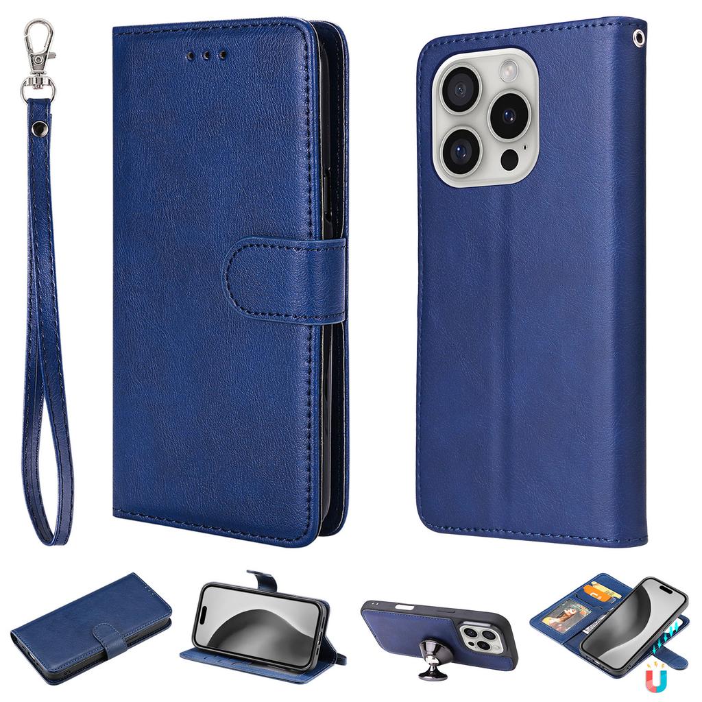 For iPhone 16 Pro Case 2 in 1 Detachable Magnetic Leather Wallet Mobile Cover with Strap
