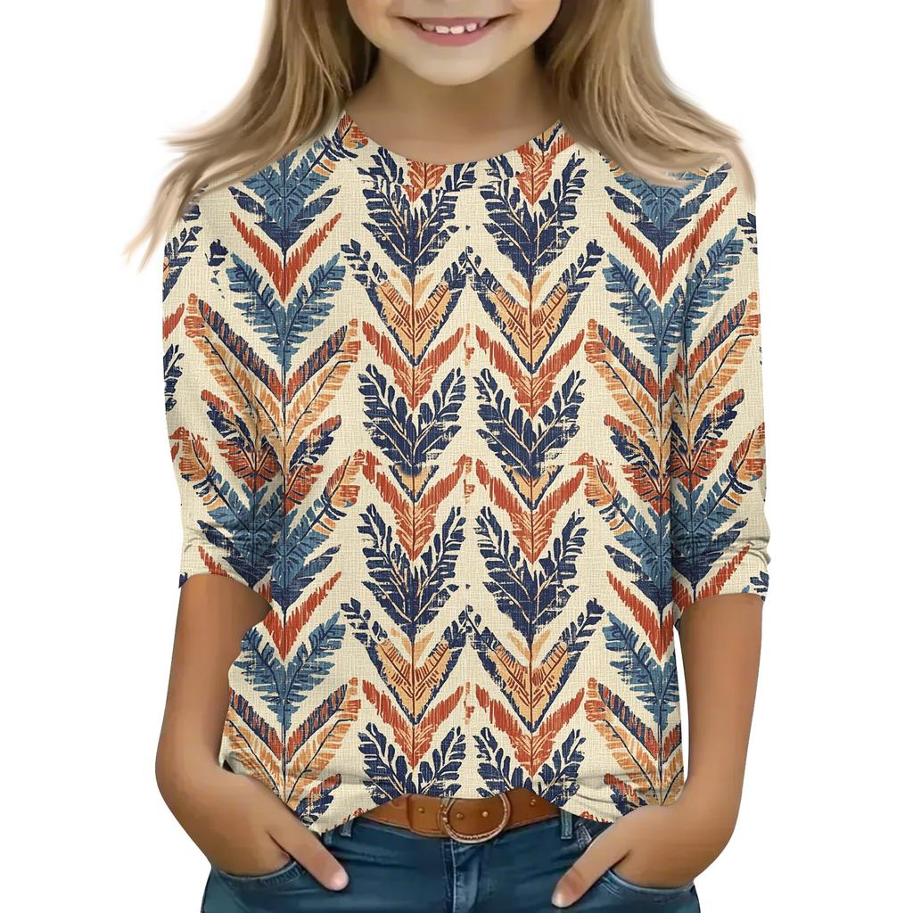 Print Tops For Youth Girls Round Neck 3/4 Sleeves T-Shirts Trendy Tops Outfit Tees