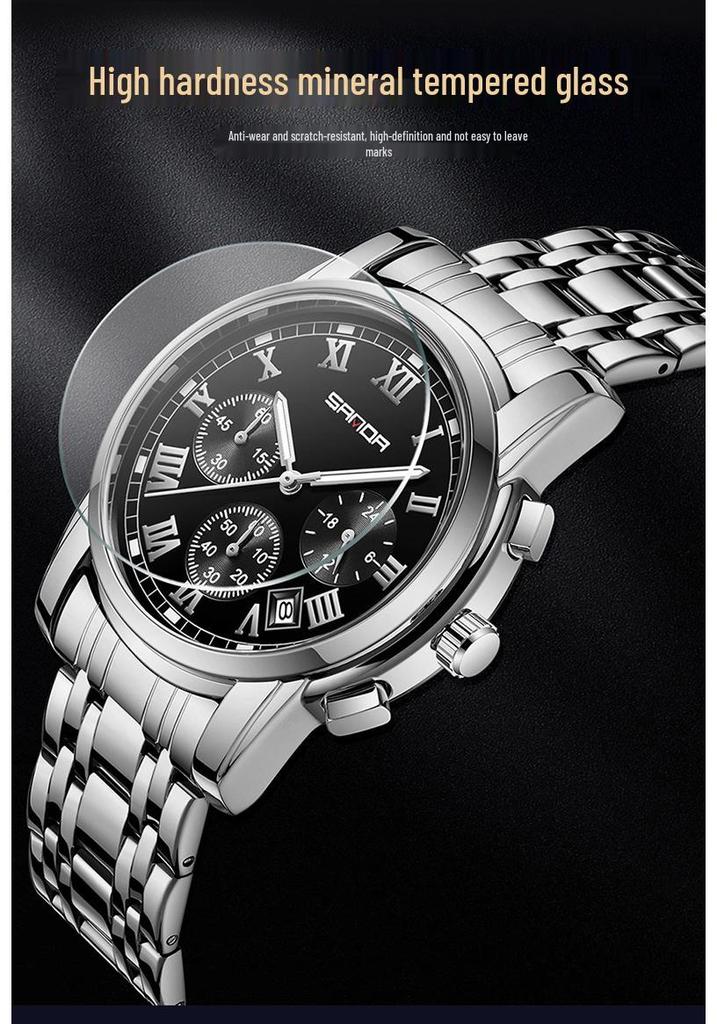 Sanda Men's Waterproof Luminous Quartz Watch - Fashionable Three-Eye Six-Hand Design with Steel Band.