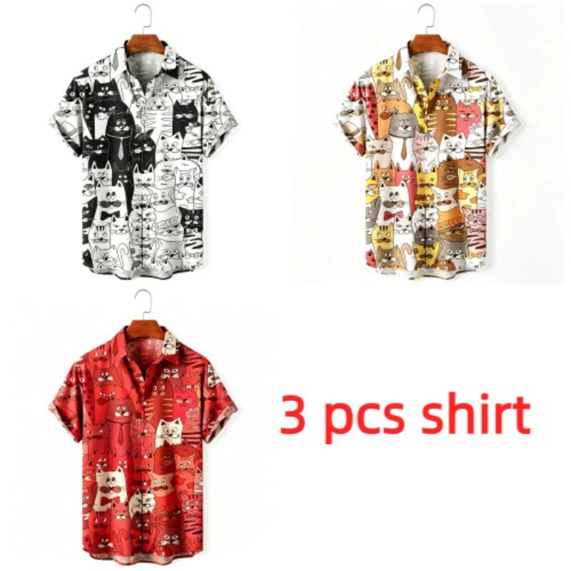 Summer Fashion Anime Cartoon Animal Cat Printing Shirt Hawaiian Beach Vacation Clothing Men's Street Style Shirt Daily Men's and Women's Shirt