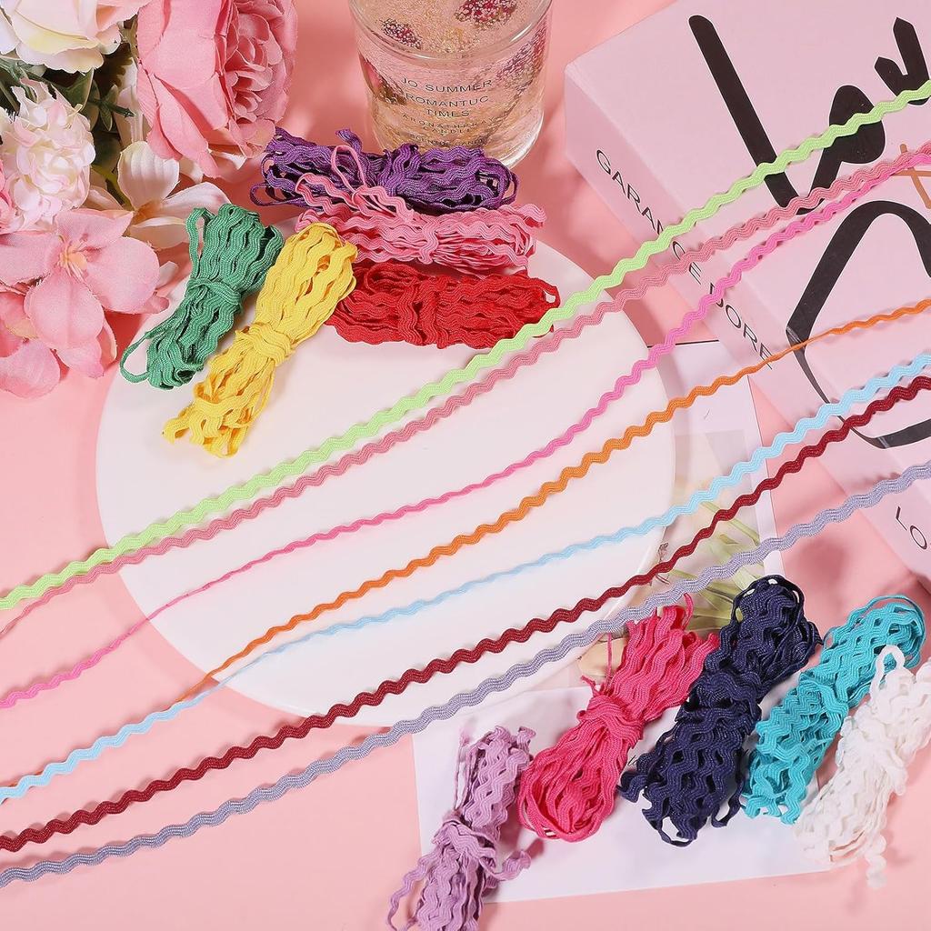 GLOBLELAND 34Pcs 17Colors Mini Rick Rack Fringe Trim Ribbon Tiny Wave Bending Sewing Lace Trim Ribbon for Doll Clothes Sewing Craft Supply