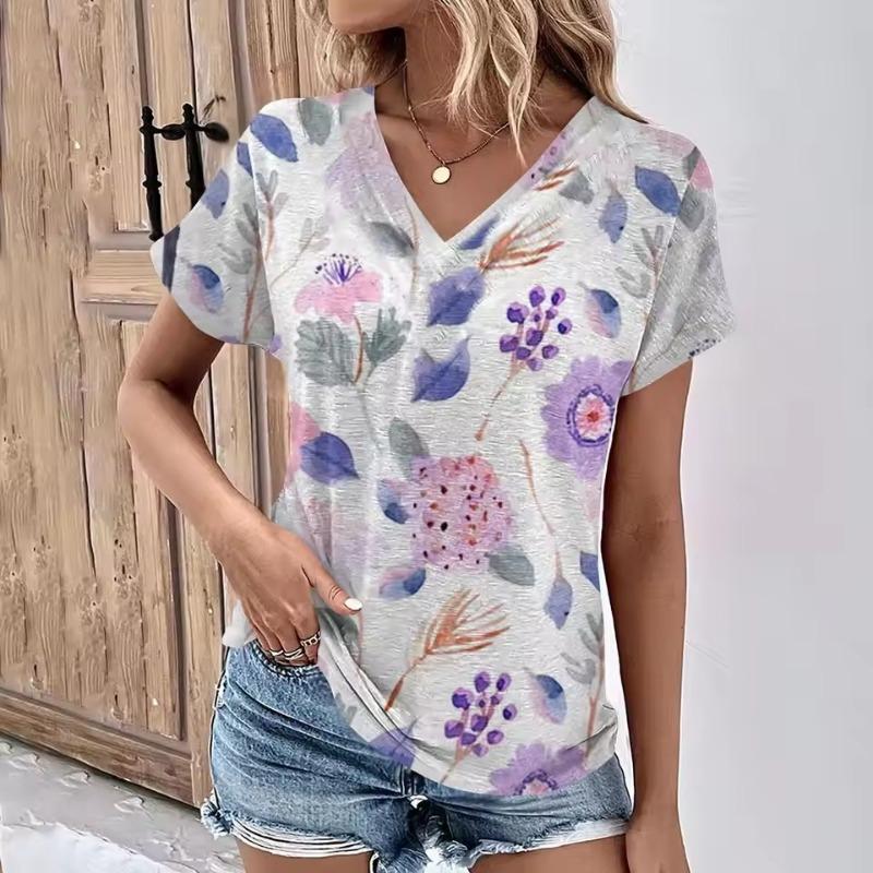 Fashion Women's T-Shirts Fashion Tops V-Neck 3D Floral Print T Shirt Female Short Sleeve Top Casual Tees Summer Oversized Clothing