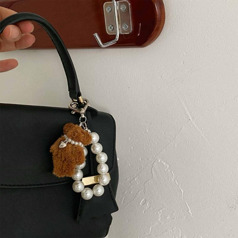 Modern Plush Bear Phone Charm Keychain with Imitation Pearls Bag Pendant Keyring Comfortable to Carry for Daily Use