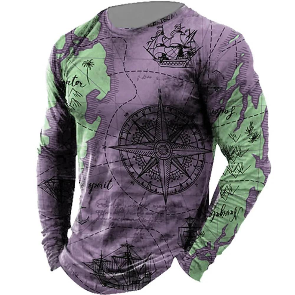 Retro Style 3D Guide Printed Men's Casual Round Neck Long Sleeved T-shirt