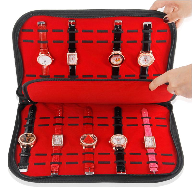 Multifunction Portable Watch Strap Organizer Leather And Flannel Watch Travel Case Pouch Black Red T1301 Wholesale