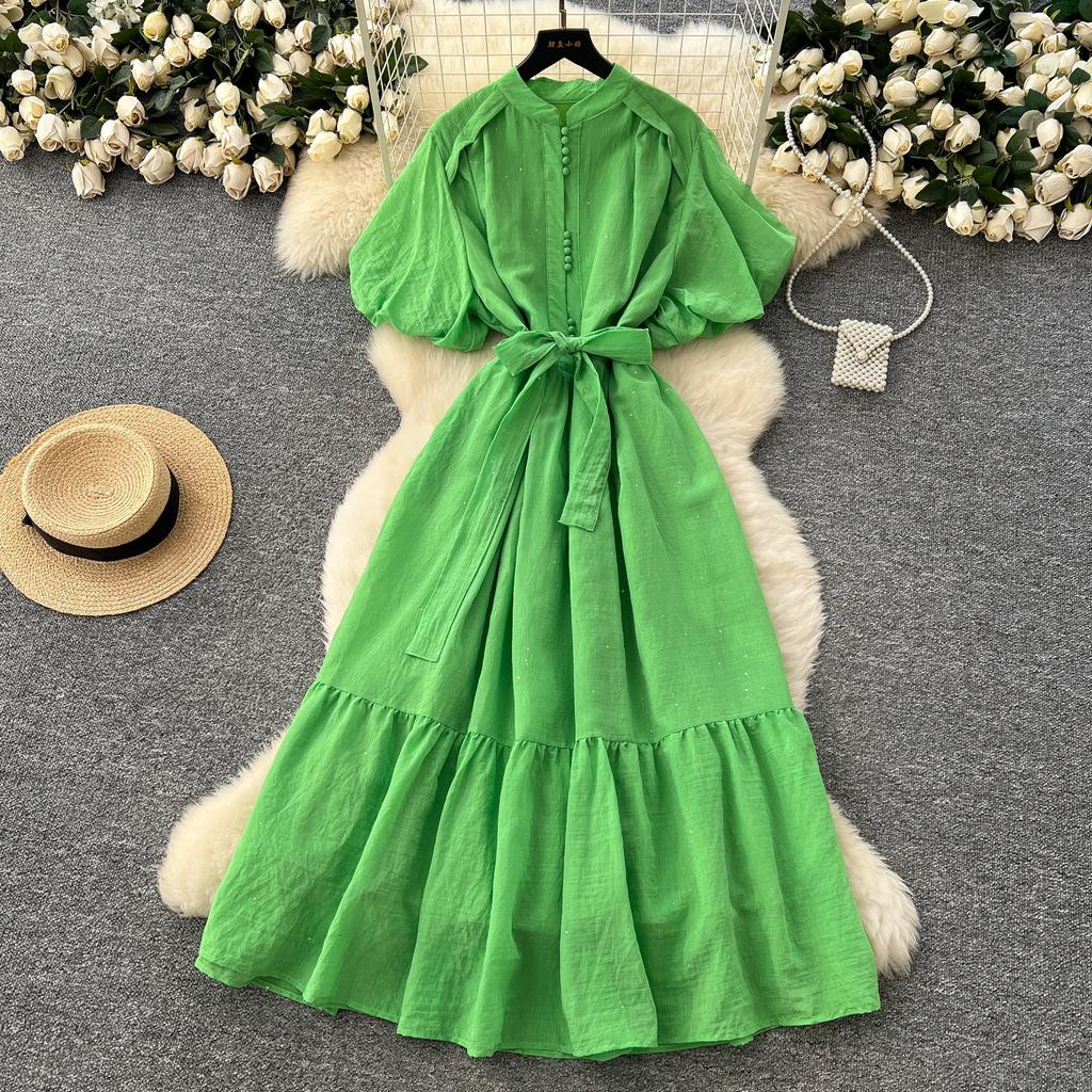 French fashion stand-up collar, lantern sleeves, straps, waist dress, women's thin temperament, shiny ruffle edge long skirt