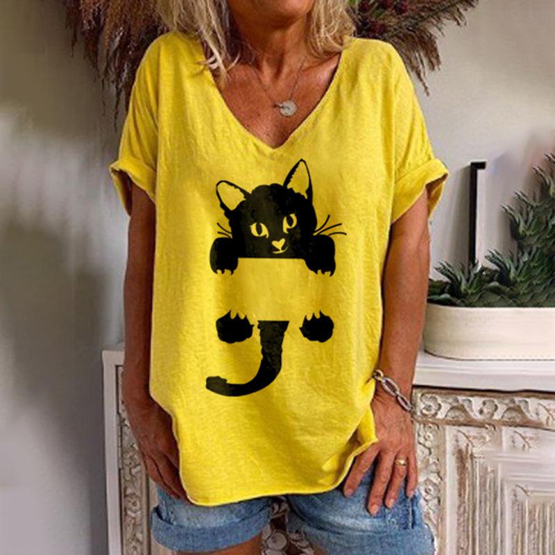 Women's Casual T-shirt Top New V-neck T-shirt Loose Short Sleeved 3D Digital Printed Cat Pattern T-shirt