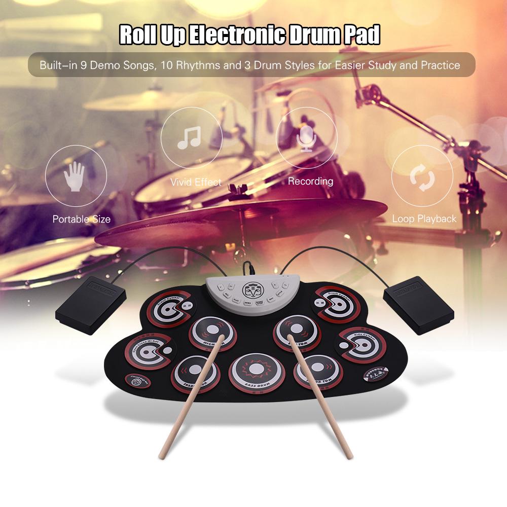 Portable Silicone Drum Pad Electronic Folding Drum Set With Drum Sticks Foot Pedals Cartoon Design