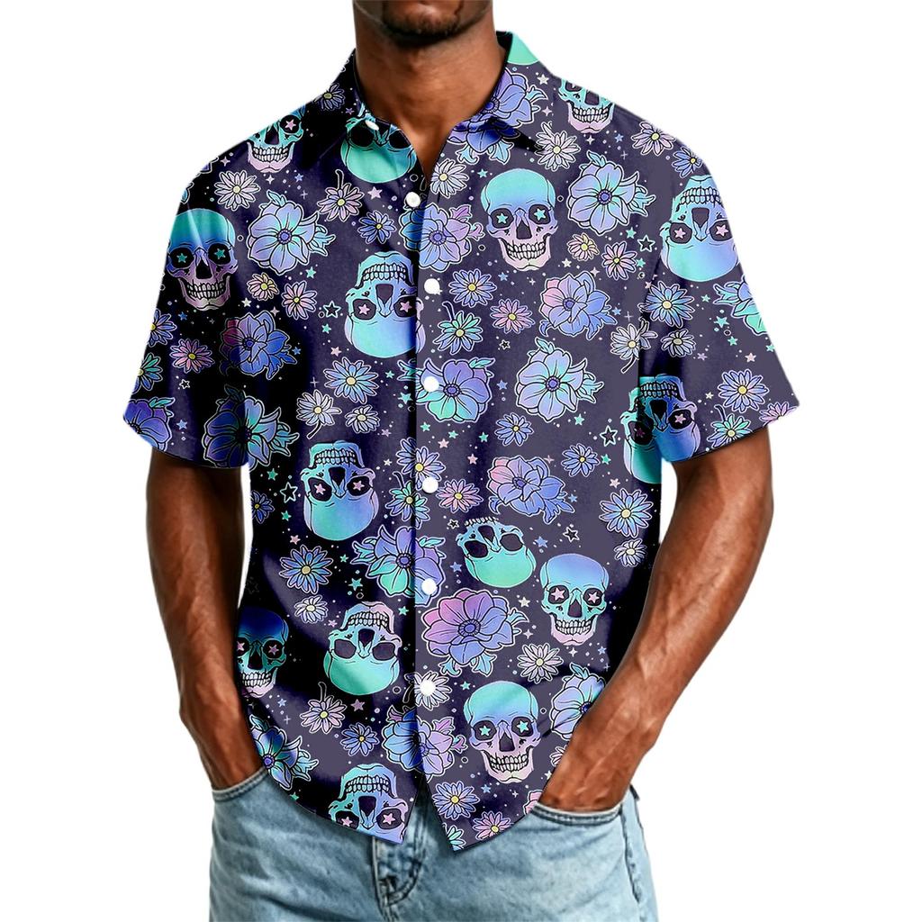 Herren Freizeithemd Kurzarm Button-Down Halloween-Print Leichtes Atmungsaktives Gewebe Lockere Passform Hemd für den Alltag