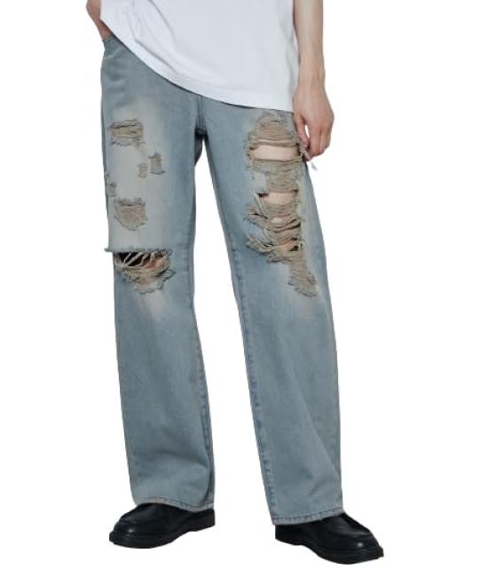 WEGO Unisex Distressed Denim Denim Vintage American Size Denim Men s Wide-Leg Pants, Trousers, Bottoms, Streetwear, Casual, Spring, Summer, Autumn,