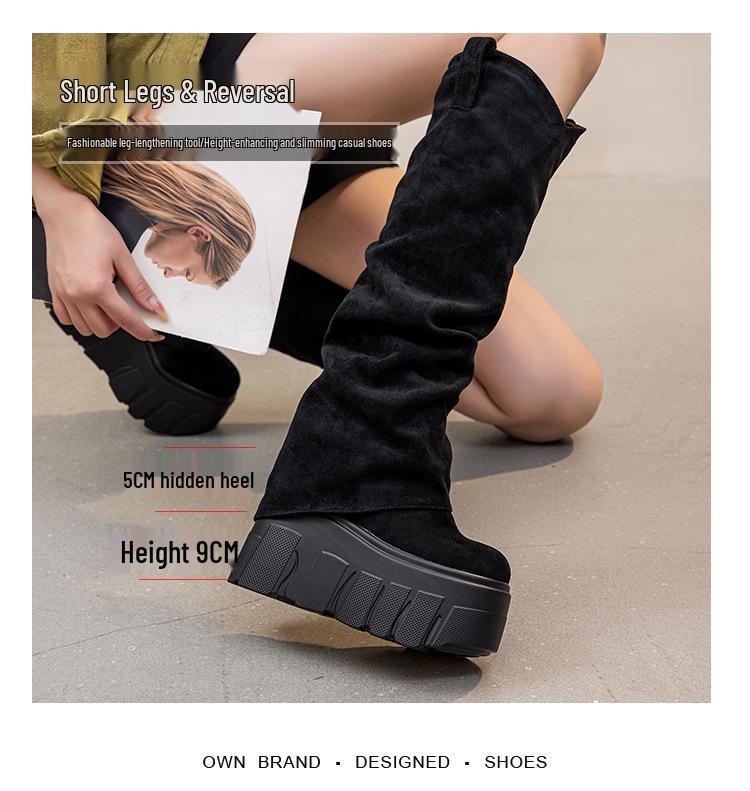 2025 Autumn/Winter Women's Ruched Suede High-Top Boots with Thick Soles and Hidden Height Increase