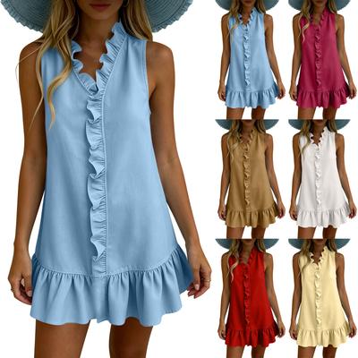 Damen Sommer Modefarbe Sexy V-Ausschnitt Ärmellos Lässig Baumwolle Leinen Rüschenrand Kleid