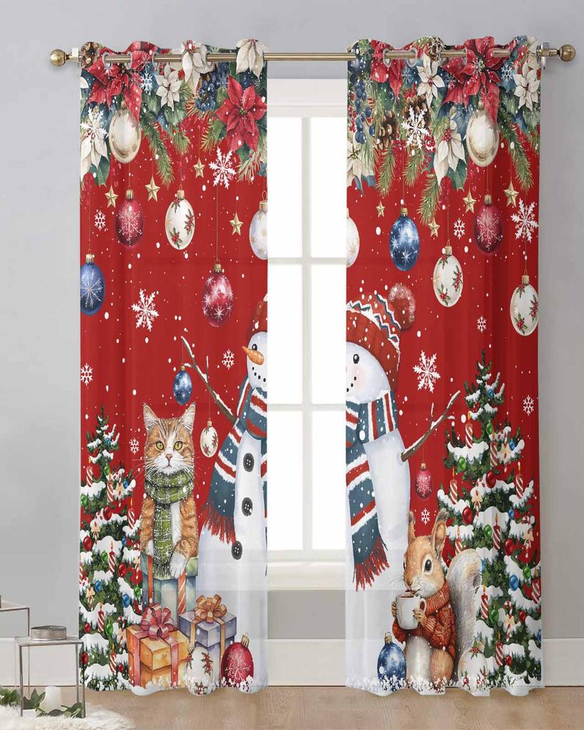 Christmas Tree Snowman Cat Squirrel Snowflake Ball Red Sheer Curtains Room Decor Window Curtain Kitchen Tulle Voile Curtains