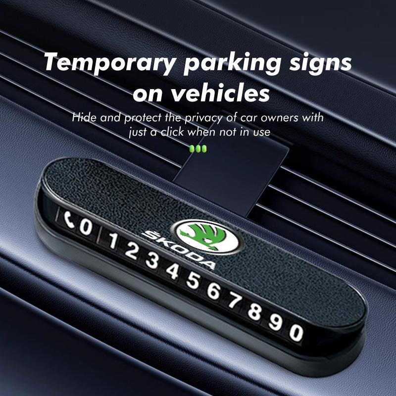 OENU7 Suede Leather Car Temporary Parking Card Phone Number Plate For Skoda Kamiq Karoq Octavia 2 3 Rapid Scala Kami Fabia VII VRS