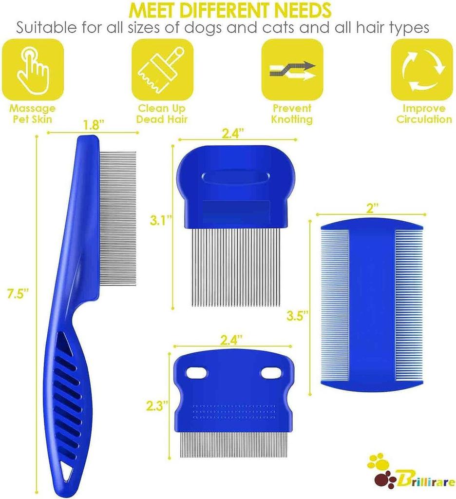 Blue Pet Flea Comb Kit With Durable Stainless Steel For Cat And Dog Shedding And Cleaning