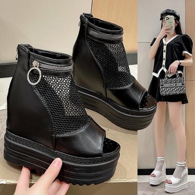 Fashion Korean Style Fashion Fish Mouth Back Zipper Thick Sole Fashion Casual Large Size Women's Mesh Roman Sandals