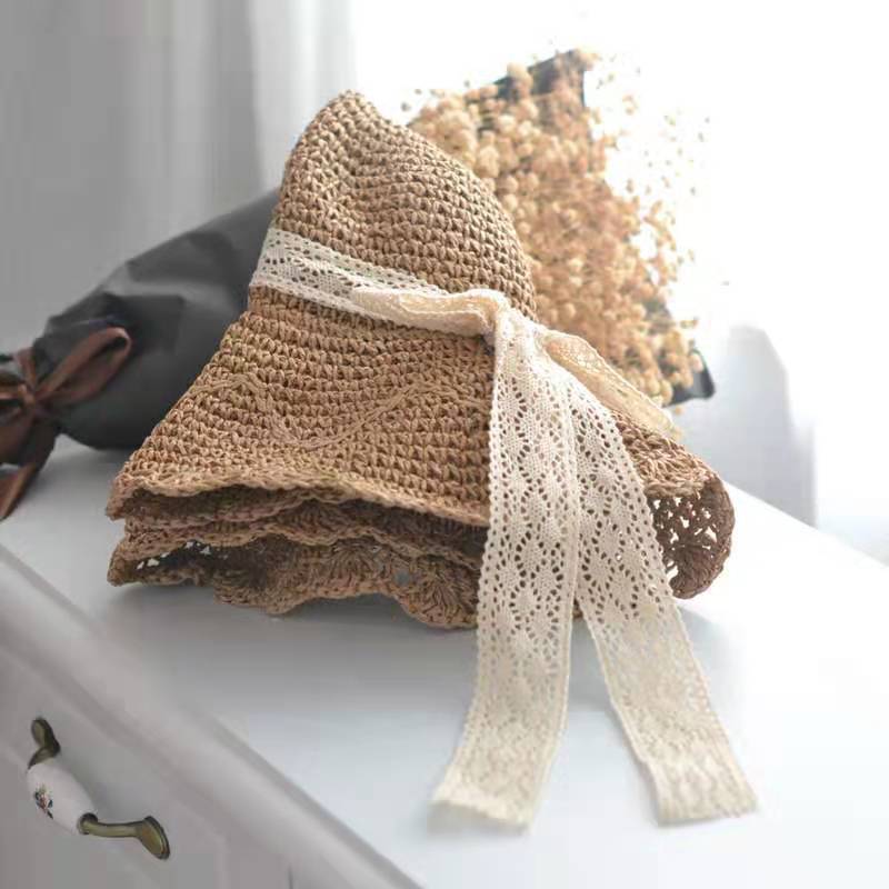 Lace straw hat women's summer bow hollow straw weaving sunscreen sunshade bucket hat sweet beach outing hat